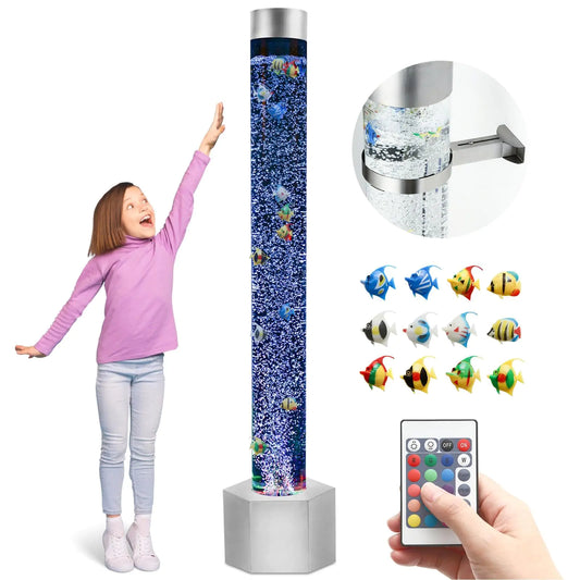 Special Supplies Aquarium Sensory Fish Bubble Light Tube with 16 LED Color Changing Nightlight Effect Remote Control and 5 Fishes Colorful Floor Standing Lamp for Kids and Adults (5 feet)